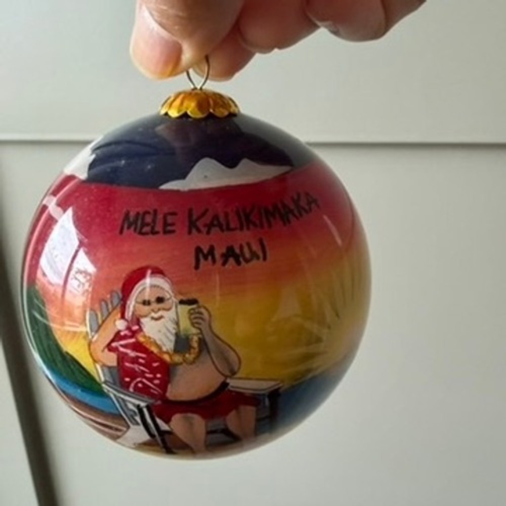 Maui by Design Mele Kalikimaka Santa Glass Ornament Hand Painted Inside Box
